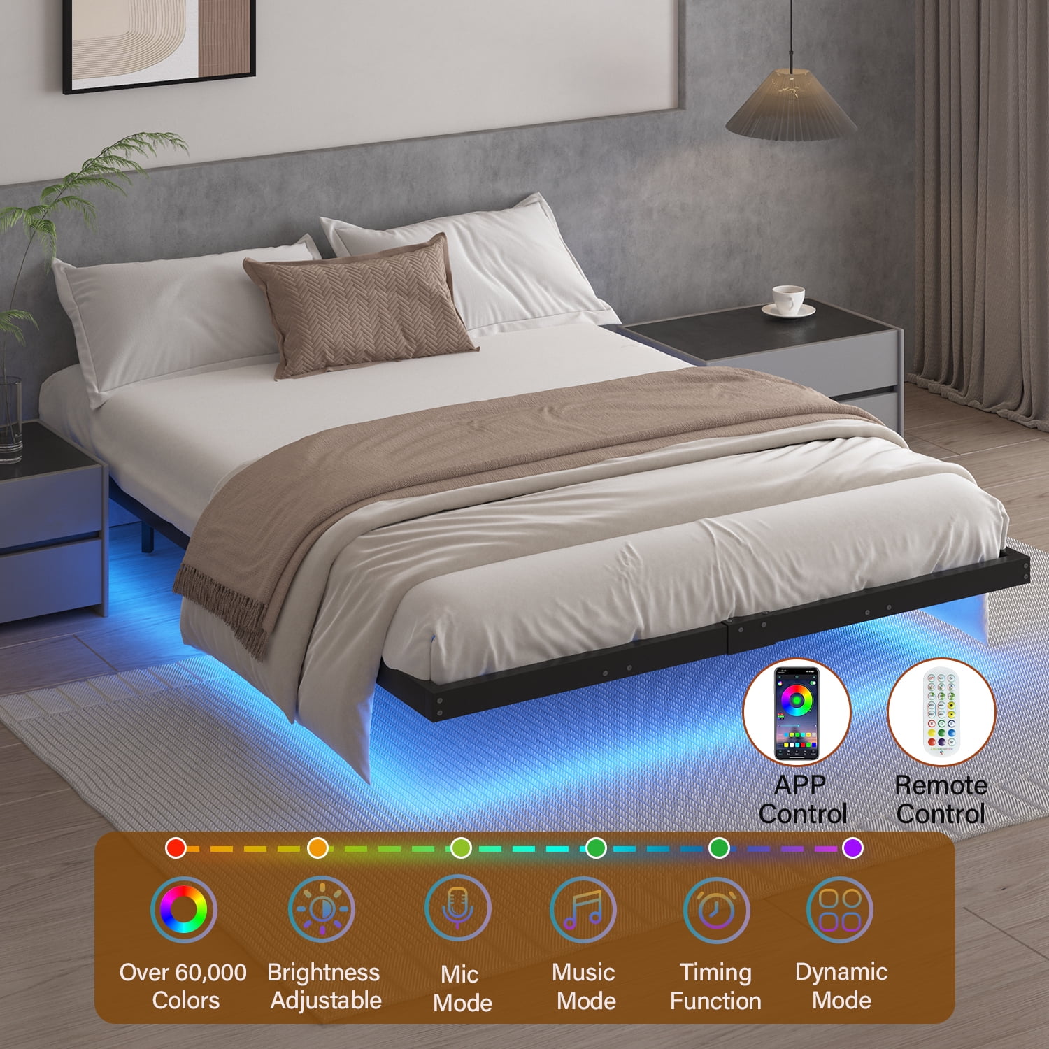 4 EVER WINNER Floating Bed Frame, King Size Metal Platform Bed with LED Lights, No Box Spring Needed, Black