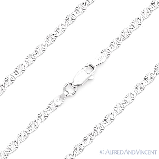 3mm Valentino Link D-Cut Pave Italian Chain Necklace in .925 Sterling Silver w/ Rhodium