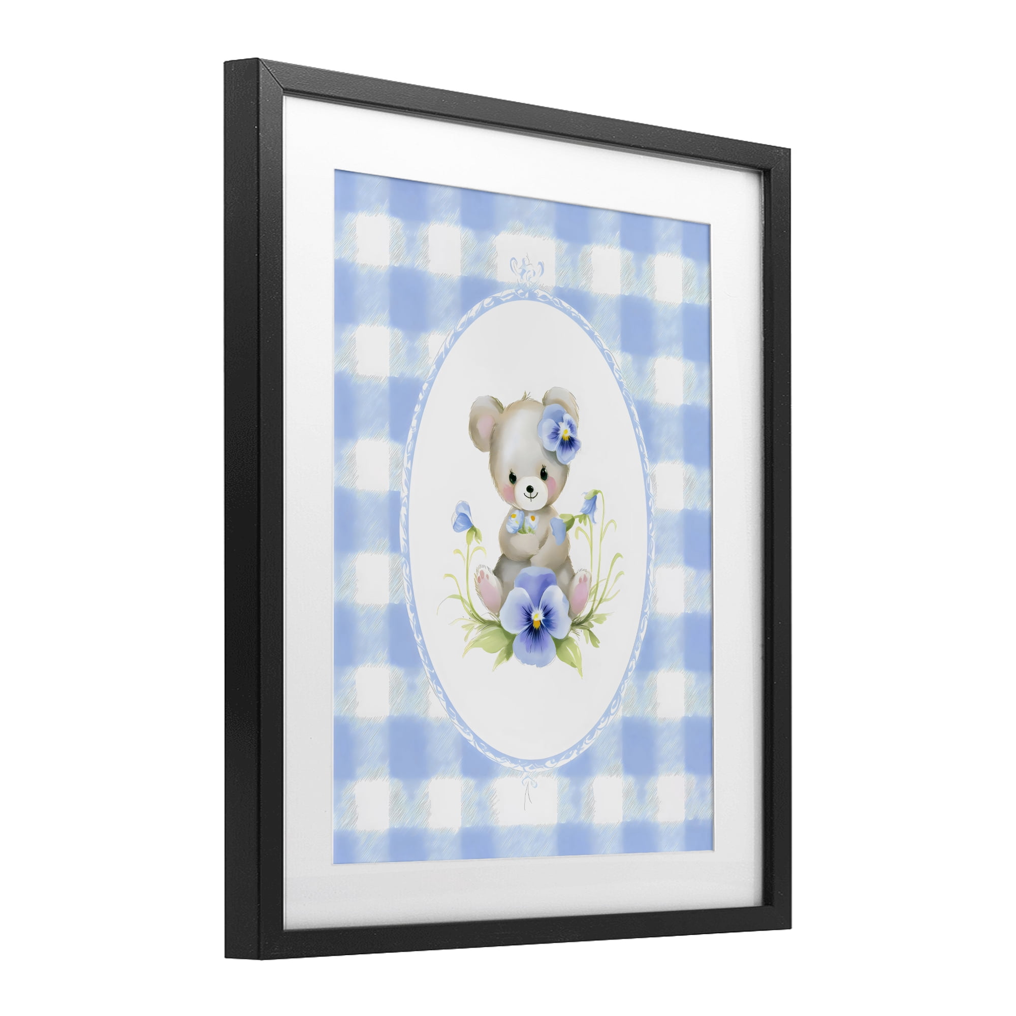 Stupell Industries Little Bear Blue Gingham Black Framed Print Under Glass, design by Arlington Prints
