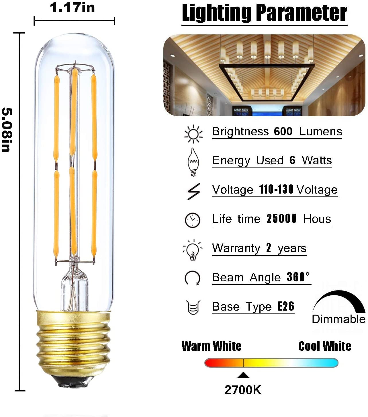 LEOOLS T10 Led Bulb 60 Watt Incandescent Bulb Equivalent E26 Base Lamp Bulb Warm White - 3Pcs 6W Dimmable Led Tubular Bulbs Clear Glass for Cabinet Display Cabinet etc,3 Pack. 600LM 