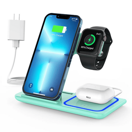 3 in 1 Wireless Charger, Fast Charging Station Compatible Apple Watch Airpods Pro iPhone 15 14 13 12/11/11 pro/X/XS/XR/Xs Max, Wireless Charging Stand 3 in 1 Wireless Charger Dock Station, Green
