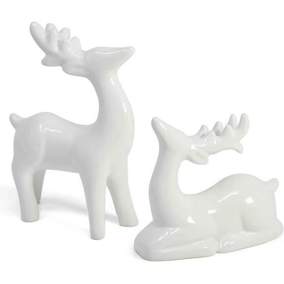 Gift Boutique Porcelain Christmas Reindeer Figurines 2 Pack Mini Animal Deer Statues for Holiday Tabletop Mantel Shelves & Fireplace Décor Accents