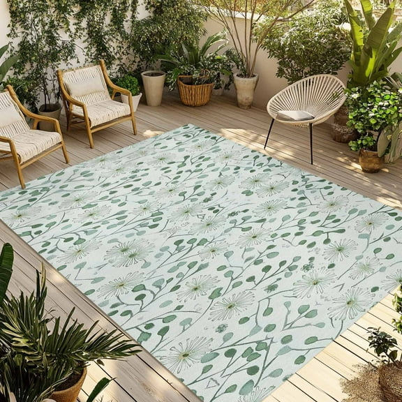 Fsddascl Green Botanical Outdoor Rug for Patio/Deck/Porch, Non-Slip Large Area Rug 5 x 8 Ft, Vintage Watercolor Spring Floral Indoor Outdoor Rugs Washable Area Rugs, Reversible Camping Rug Carpet