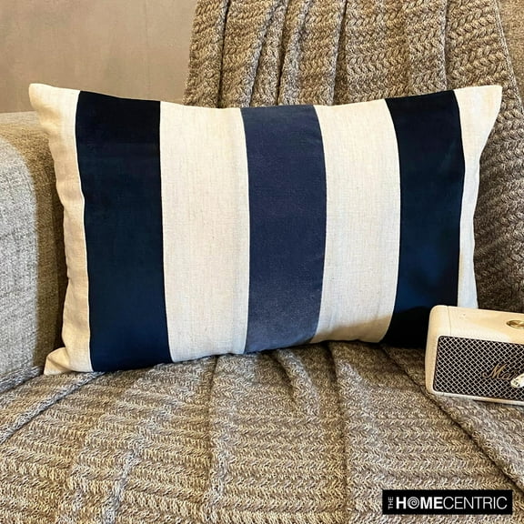 The HomeCentric Decorative Lumbar Pillow Cover Blue, 12"x22" (30x55 cm) Velvet Patchwork, Color Block Oblong Pillow Cover For Sofa, Couch, Bed, Patio And outdoor, Striped Modern - Swathe Navy