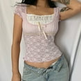 thumbnail image 4 of WEAIXIMIUNG Custom T Shirts V Neck Woman Bling Sweet Lace Stitching Pullover Short Top French Square Neck Lace Up Slim T Shirt, 4 of 4