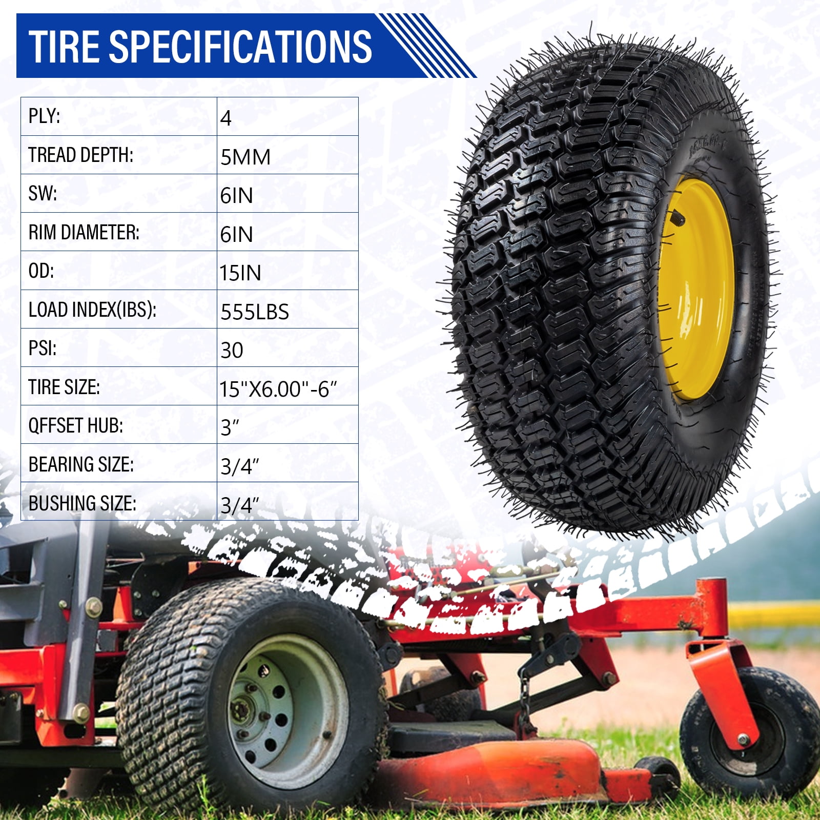 Ktaon 15x6.00-6 Tire and Wheel Assembly, Replacement Riding Lawn Mower Front Tires Compatible with 100 and 300 Series John Deere Riding Mowers, 2 pack