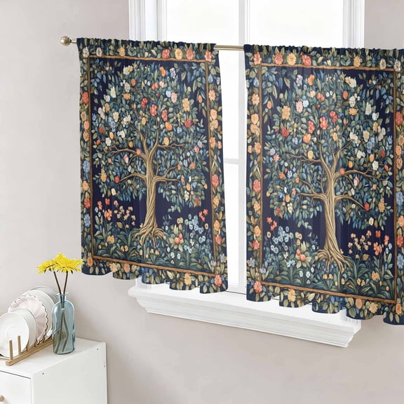 Tree Floral Semi Sheer Curtains 45 Inch Length 2 Panels Set, Boho Vintage Country Botanical Patterns Sheer Kitchen Curtain Privacy Voile Window Curtain for Living Room Bedroom Rod Pocket Drapes