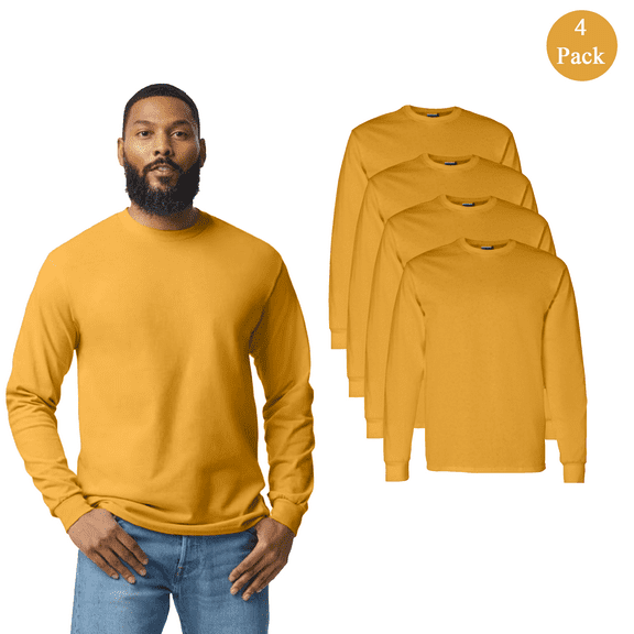 Gildan Men’s Heavy Cotton Long Sleeve T-Shirt, Breathable Everyday Wear Gold Tee, Pack of 4, S