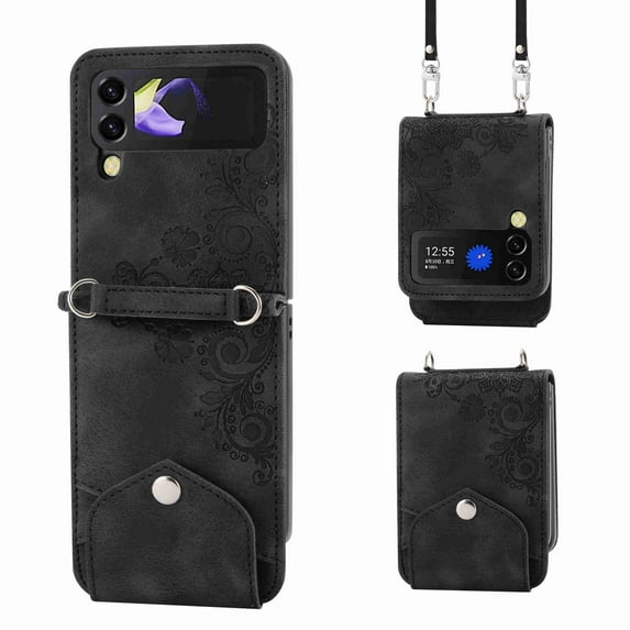 ELEHOLD for Samsung Galaxy Z Flip 4 Shoulder Crossbody Wallet Case with Card Slots, Floral Embossed PU Leather Wallet Flip Protective Kickstand Wrist Strap Cover, black
