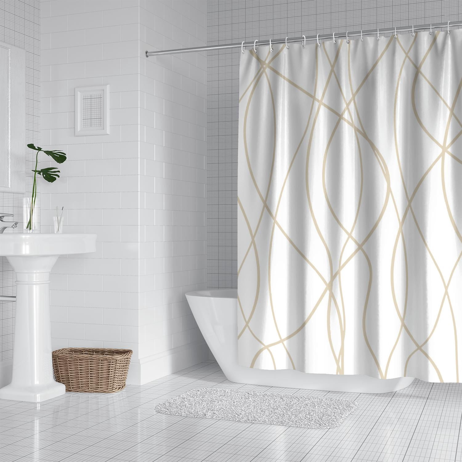 Beige Khaki Shower Curtain for Bathroom with Hooks, Extra Long Shower Curtain Set Stripe Bath Curtains Decorative White Shower Curtains Water Repellent Washable, 72x72
