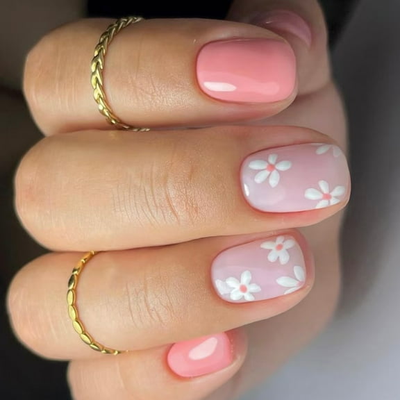 24Pcs Square Press on Nails Glossy Designs French Fake Nails Acrylic False Nails,Artificial Nails Glues on Nails Women