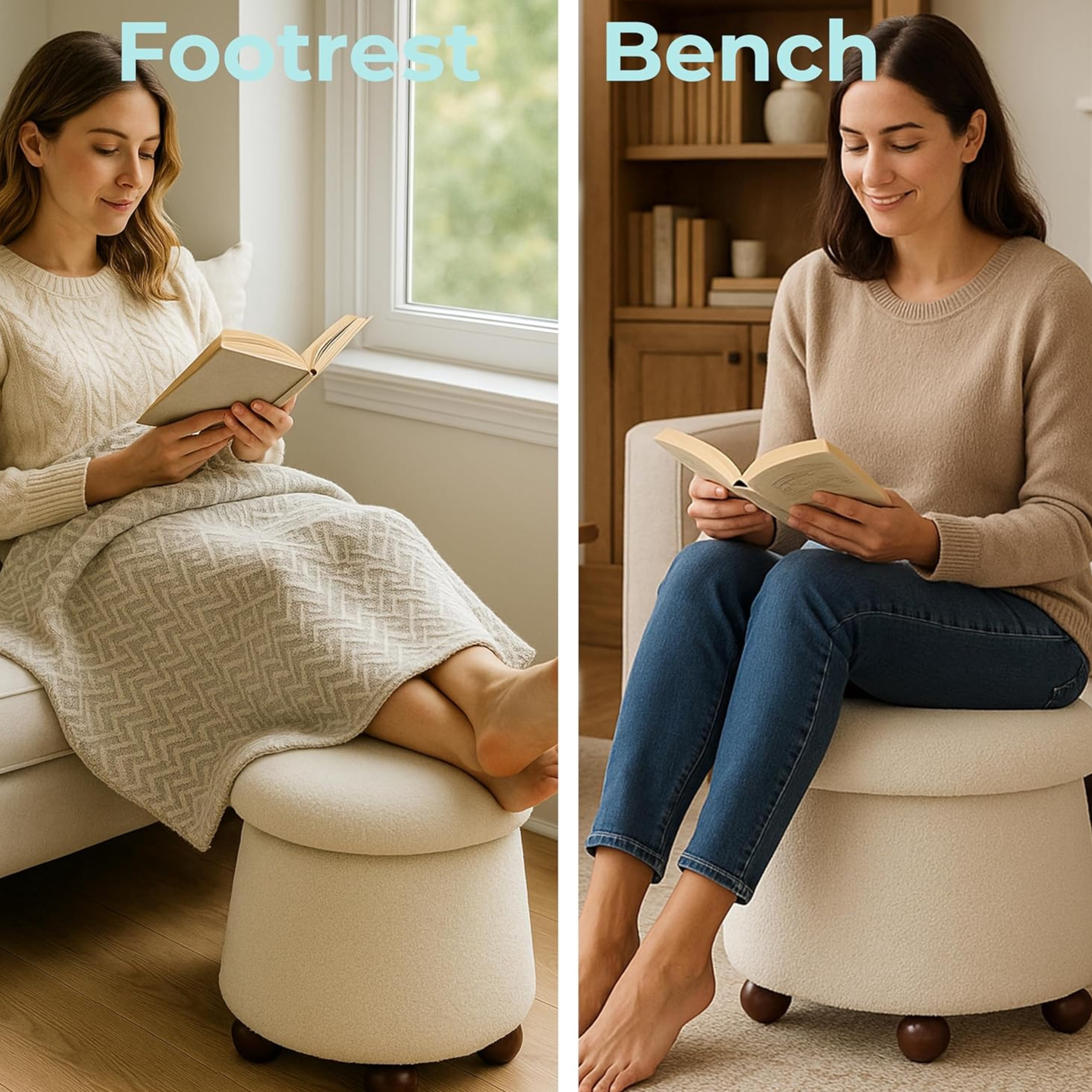 Aria Home Modern Fabric Mushroom Storage Ottoman Footrest Accent Seat Living Room, Cream