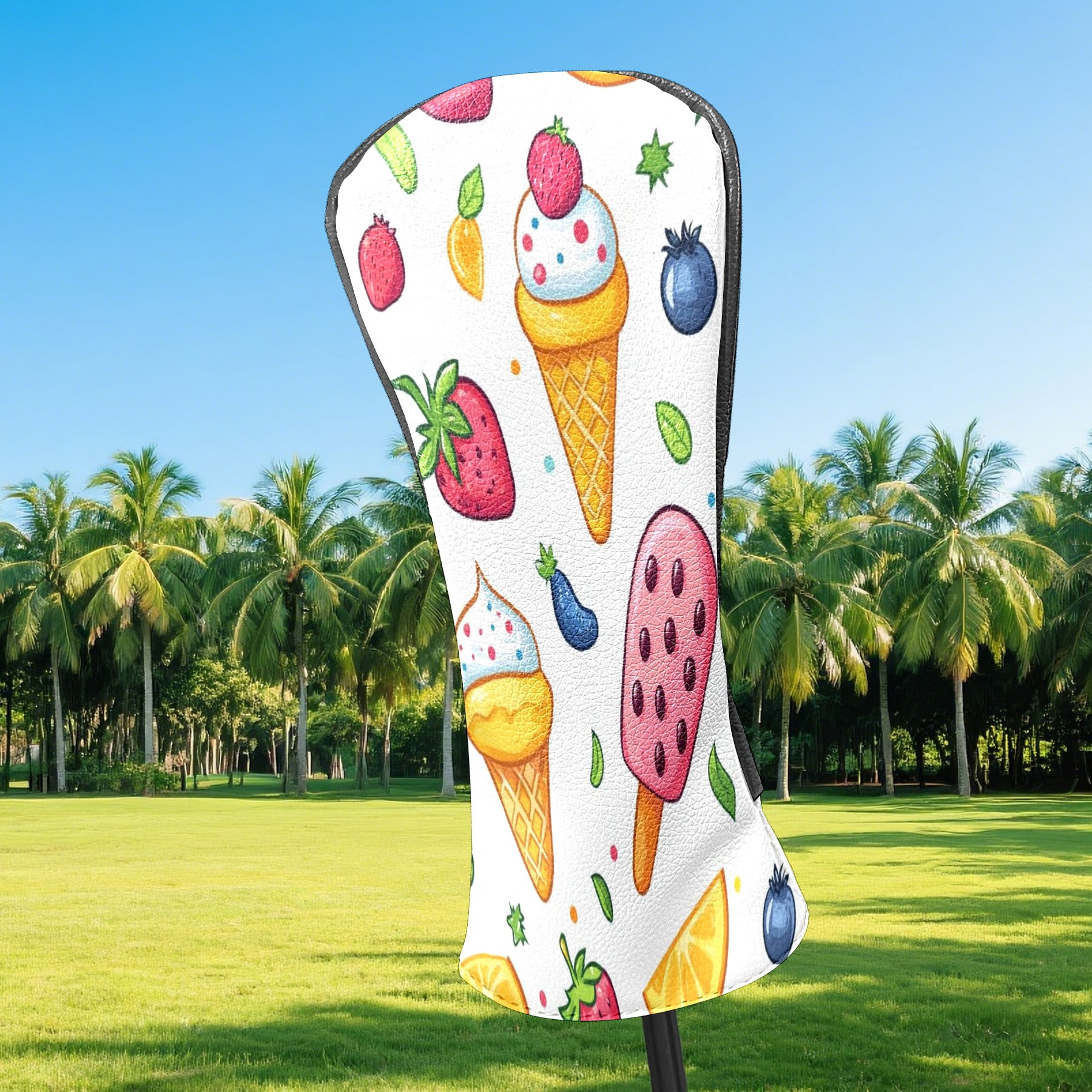 Golf Club Covers PU Leather Waterproof Head Covers for Fairway Woods Hybrids Fruit Ice Cream Pattern Unisex Fits Most Brands