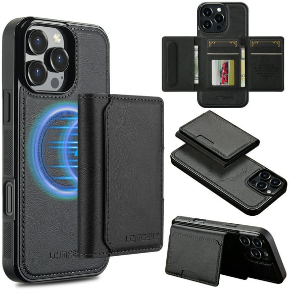 Allytechgroup Case for iPhone 14 Pro, [Compatible with Magsafe] RFID Blocking 2 in 1 Detachable Magnetic Wallet Case with Kickstand/Card Slots/Cash Pockets/Faux Leather & Soft TPU Bumper Cover, Black