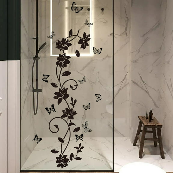 Pure black floral butterfly bathroom door sticker bathtub sticker bedroom background wall sticker self-adhesive wall sticker