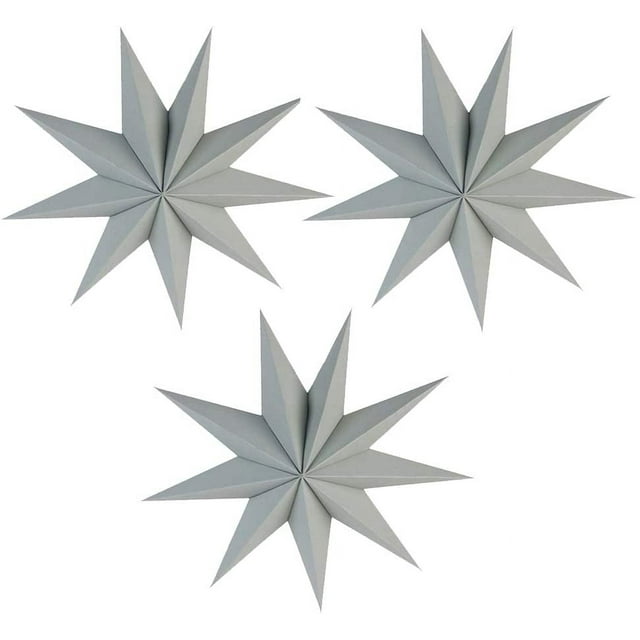3 Pieces 9 Pointed Paper Star Lanterns 12 Inch Hanging Lampshade for LED Light Wedding Birthday Party Decor, Grey