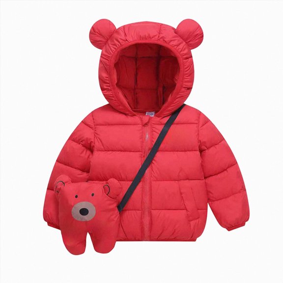 JUMEYU Toddler Puffer Jacket Girl Bear Ear Puffer Jacket for Toddler Hooded Winter Coat with Bag (Red,3-4 Years)