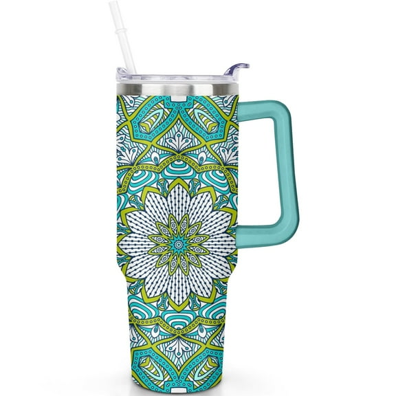 40oz Boho Mandala Tumbler with Handle, Flip Straw Lid, Leak Proof Vacuum Insulated Stainless Steel Travel Cup, Gifts for Him and Her