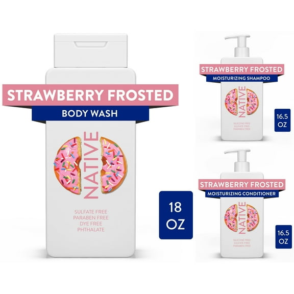 Native Dunkin' Sulfate Free Strawberry Frosted Shampoo, Conditioner, and Body Wash Bundle