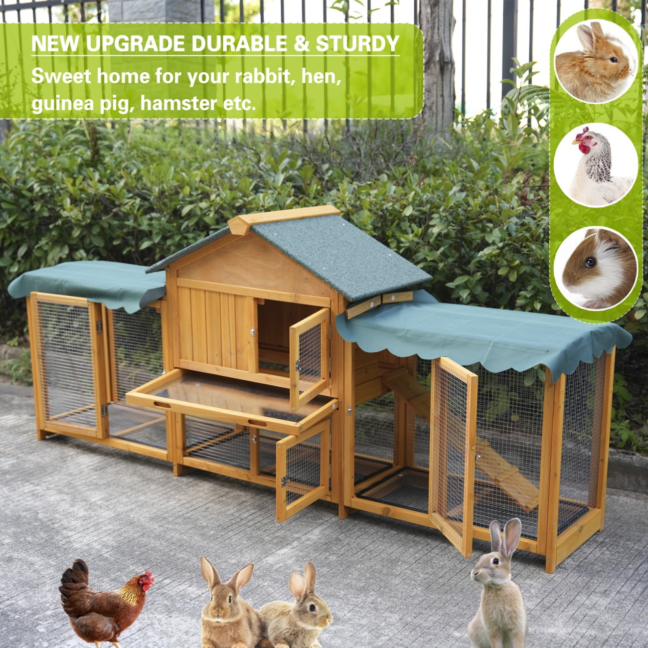 85" Large Rabbit Hutch Outdoor, Wood Bunny Cage Indoor with Cleaning Tray, Waterproof Roof and 4 Doors for Small and Medium Bunny Rabbit Duck Chick, Dark Yellow
