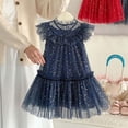 thumbnail image 2 of Rhuody Robe pour Filles Col Rond Tout-Petit Manches Volantées Étoile Lune Robe à Paillettes Danse Fête Volants Robe d'Été Tenue Mode Bleu 3-4 Ans, 2 of 6