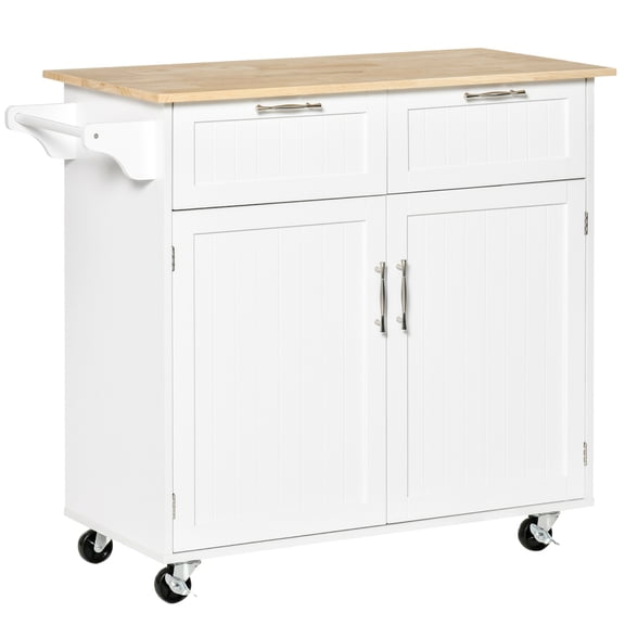 41" Rolling Kitchen Island On Wheels, White With Drawers & Cabinet - Utility Cart Enclosed