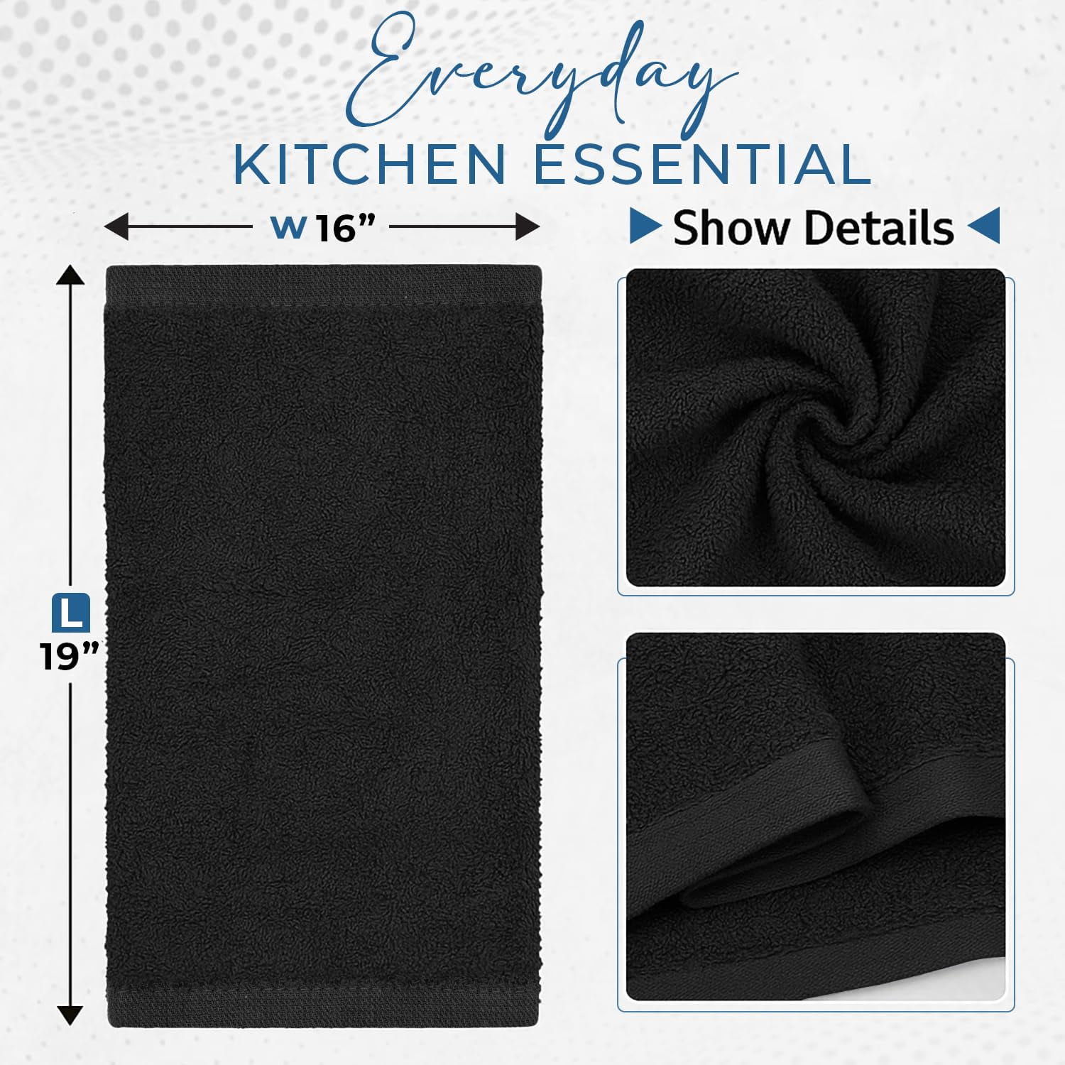 Dan River Bar Mop Cotton Kitchen Towel pack of 12 Super Absorbent And Reusable Cleaning Cloth - Black, 16x19in