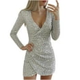 thumbnail image 3 of lcziwo Weekly Sale Women's Sequin Dress Wrap V Neck Ruched Bodycon Spaghetti Straps Party Night Club Dresses Women's Formal Dress,Silver,M, 3 of 7