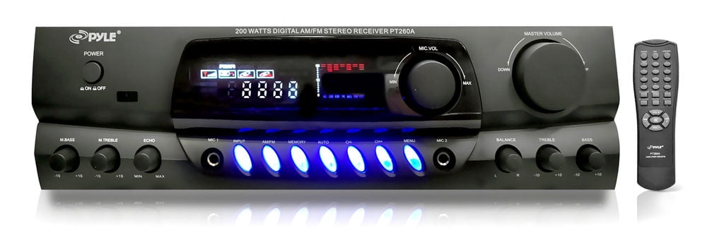 Pyle PT260A Digital Display Screen 200 Watts Digital AM/FM Radio Home Audio Stereo Amplifier Receiver, 4x 4" 30W Max 3-Way Indoor/Outdoor Black Speakers, VHF Wireless Microphone System, Speaker Wire