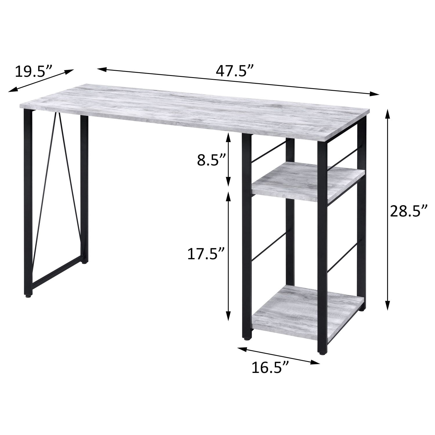 Rectangular Writing Desk with 2 Open Shelves, Spacious Work Surface, Metal Open Base, 47.5 in, Home Office and Study
