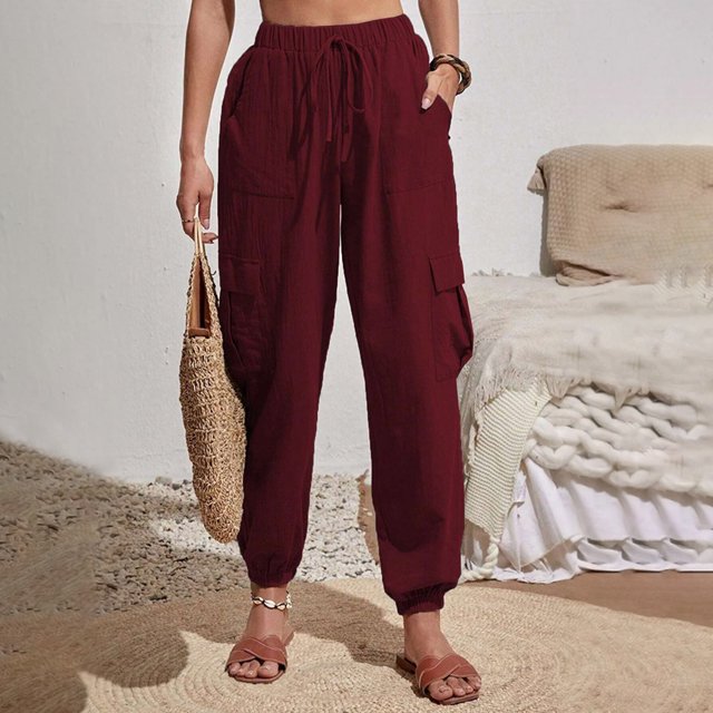 AherBiu Cargo Pants Women Solid Color Casual High Waisted Work Cinch Bottom Pants with Multiple Pockets