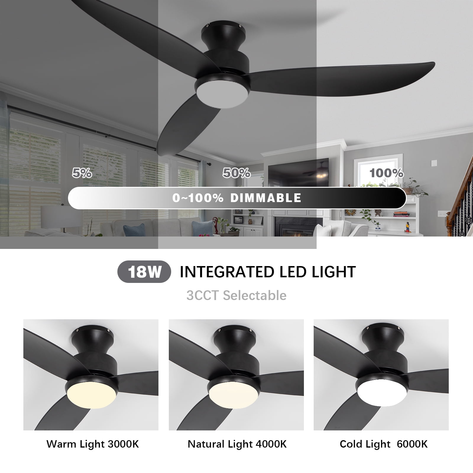 Wozzio Modern Black Ceiling Fan 52'' Modern Black Ceiling Fan - 3 Blades, 6 Speeds, With Light With Remote Control, Noiseless Reversible DC Motor, Indoor Outdoor, Flush Mount
