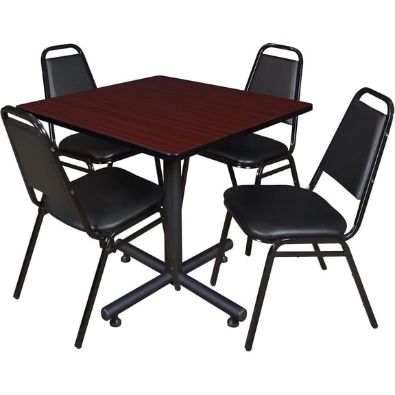 HomeStock Antique Accents 42" Square Breakroom Table- Mahogany & 4 Restaurant Stack Chairs- Black, Ideal for Cafeterias, Dining, and Office Spaces