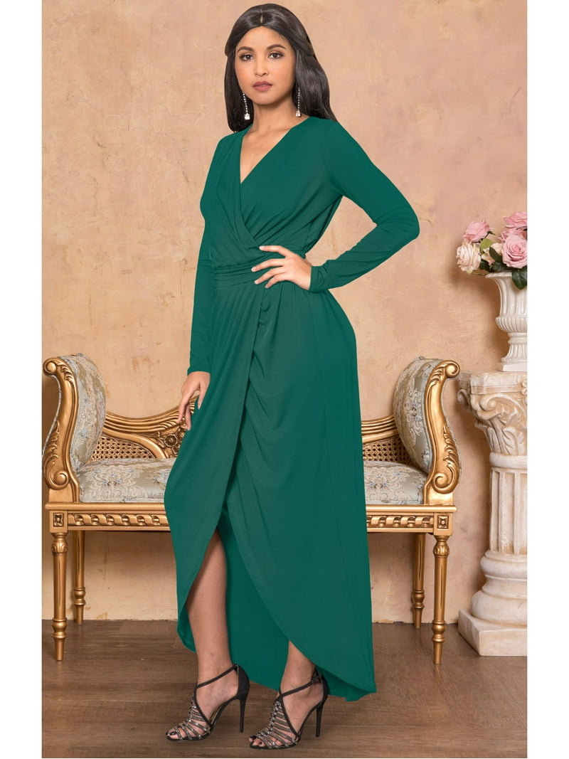 KOH KOH Long Sleeve Full Floor Length V-Neck Sexy Wrap Empire Waist Formal  Dressy Winter Fall Cocktail Wedding Guest Party Tall Gown Maxi Dress For  Women Emerald Green Small US 4-6 NT292 -
