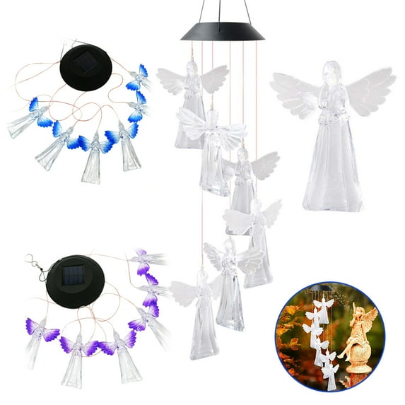QJUHUNG Solar Wind Chimes,Solar Changing Color Angel Wind Chime LED Hanging Lamp Windchime Light LED Colorful Power Solar Wind Chimes Yard Home Garden Corridor, Balcony Decor Transparent
