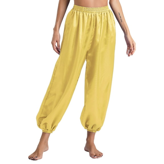 SiiRoh Women's Indian Belly Dance Satin Harem Pants Loose Solid Color Hippie Trousers Pantalons Yellow L