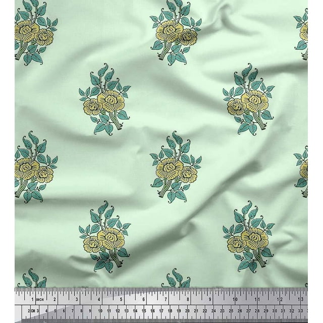 Soimoi Polyester Crepe Fabric Leaves & Floral Block Printed Craft Fabric by The Yard 52 Inch Wide