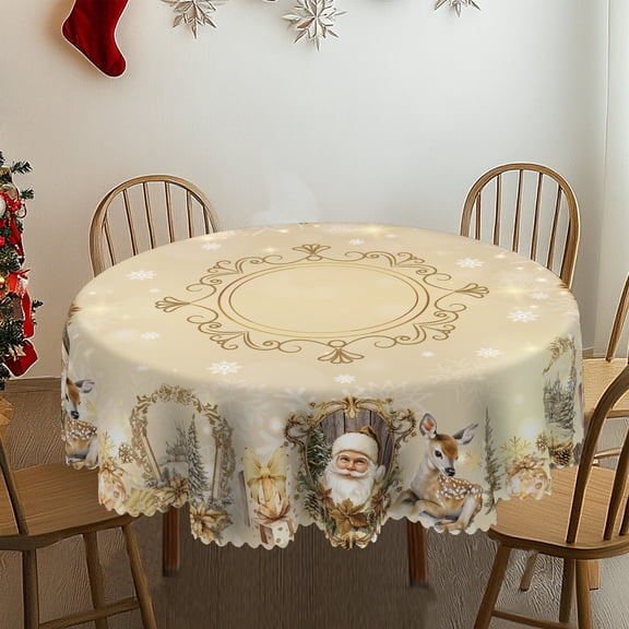 KOPOEELK Beige Santa Deer Winter Forest Round Tablecloth, 60 in Round Christmas Dining Decor