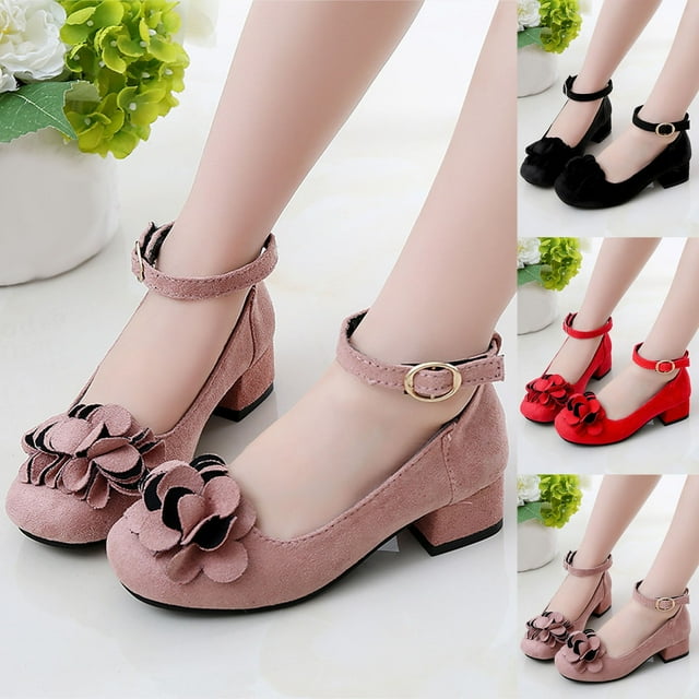 JDQJBZ Girls Sandals Low Block Heel Solid Color Flower Embellishment Casual Dress Shoes