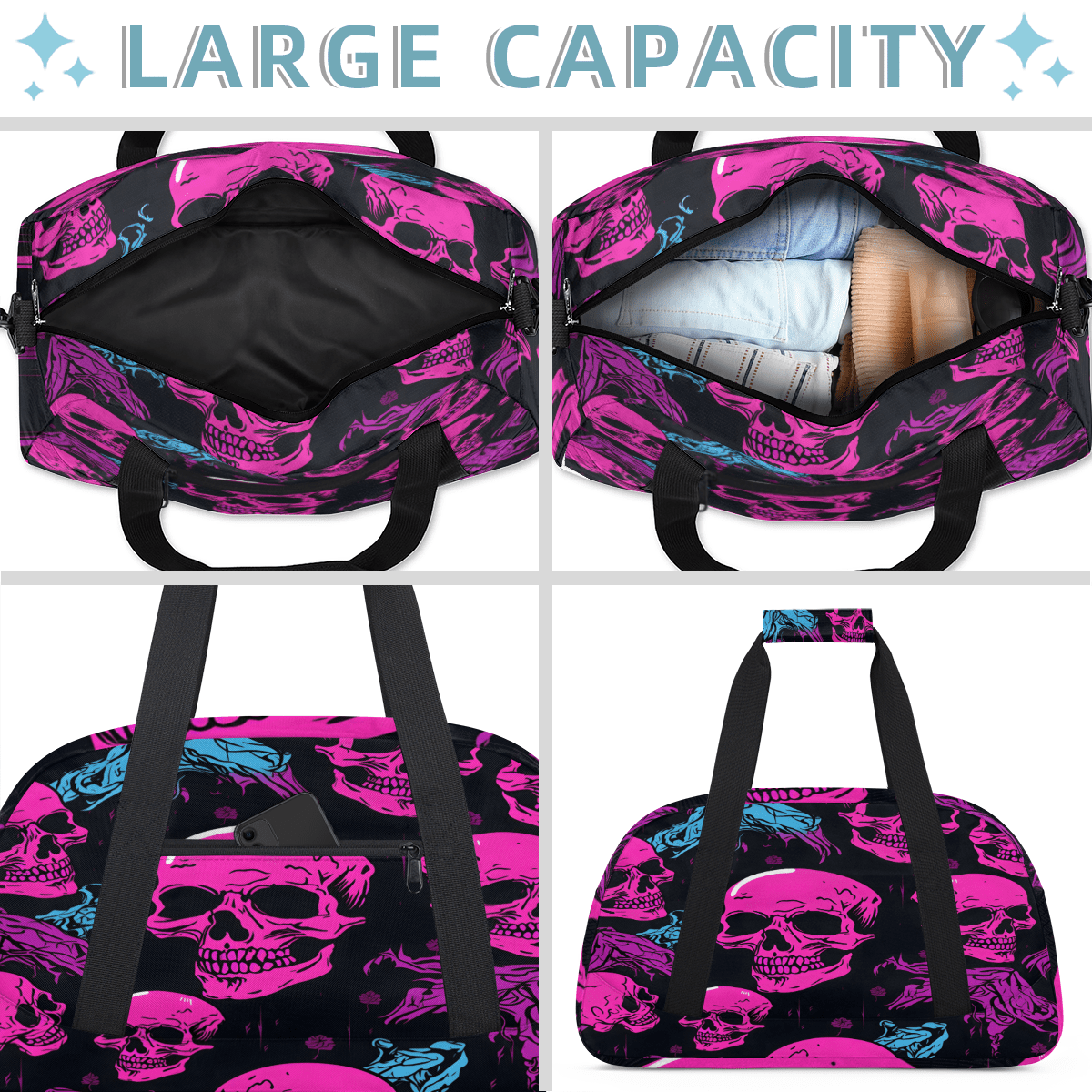 Herdesigns Skull Sports Duffle Bag for Women & Men, Spooky Skull Gym Bag Dance Bag Overnight Bag Carry On Weekender Travel Bag