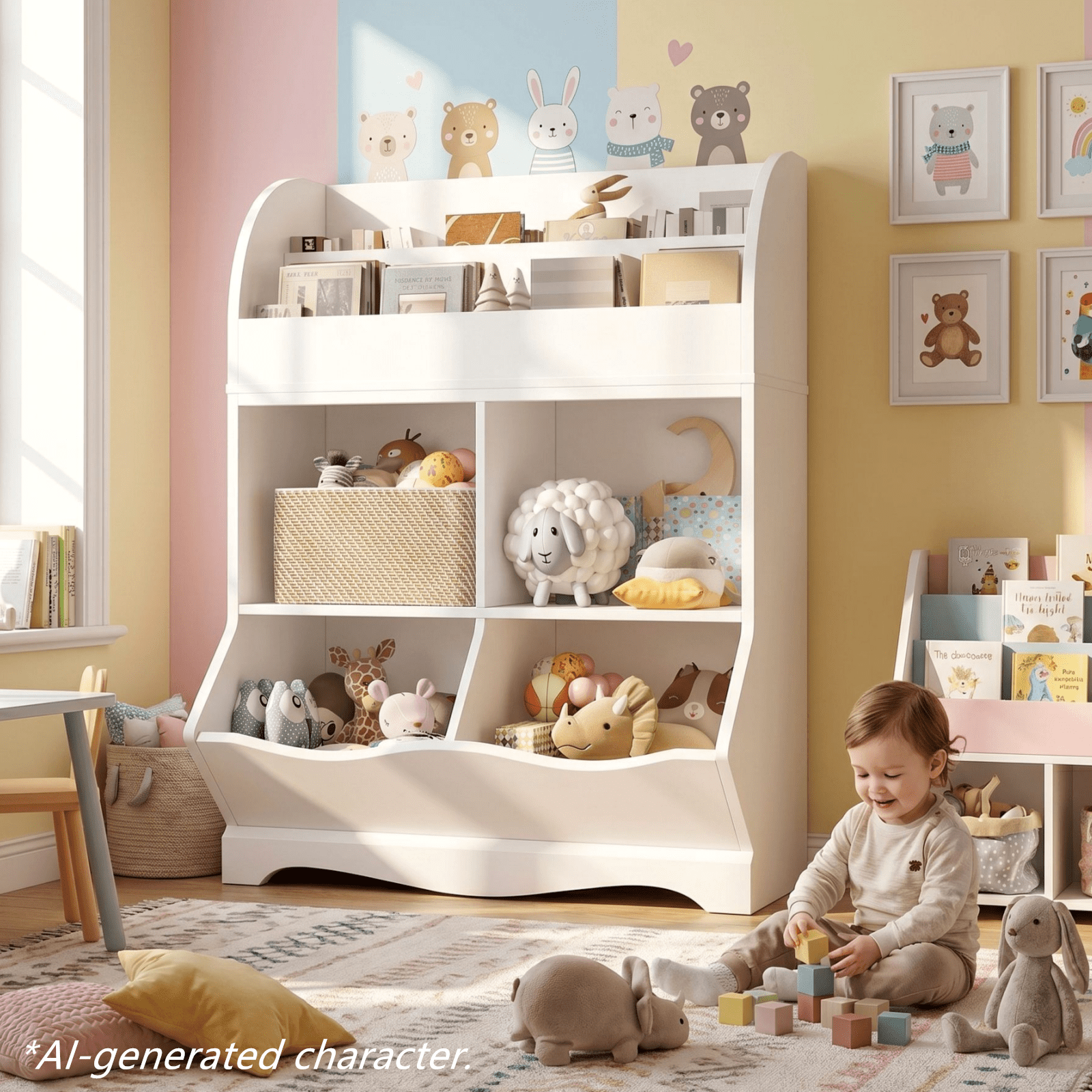 Homfa Kids Toy Storage Organizer, White Bookcase with Toy Box, Toy Chest Storage Cubbies with Bins for Nursery Playroom Bedroom