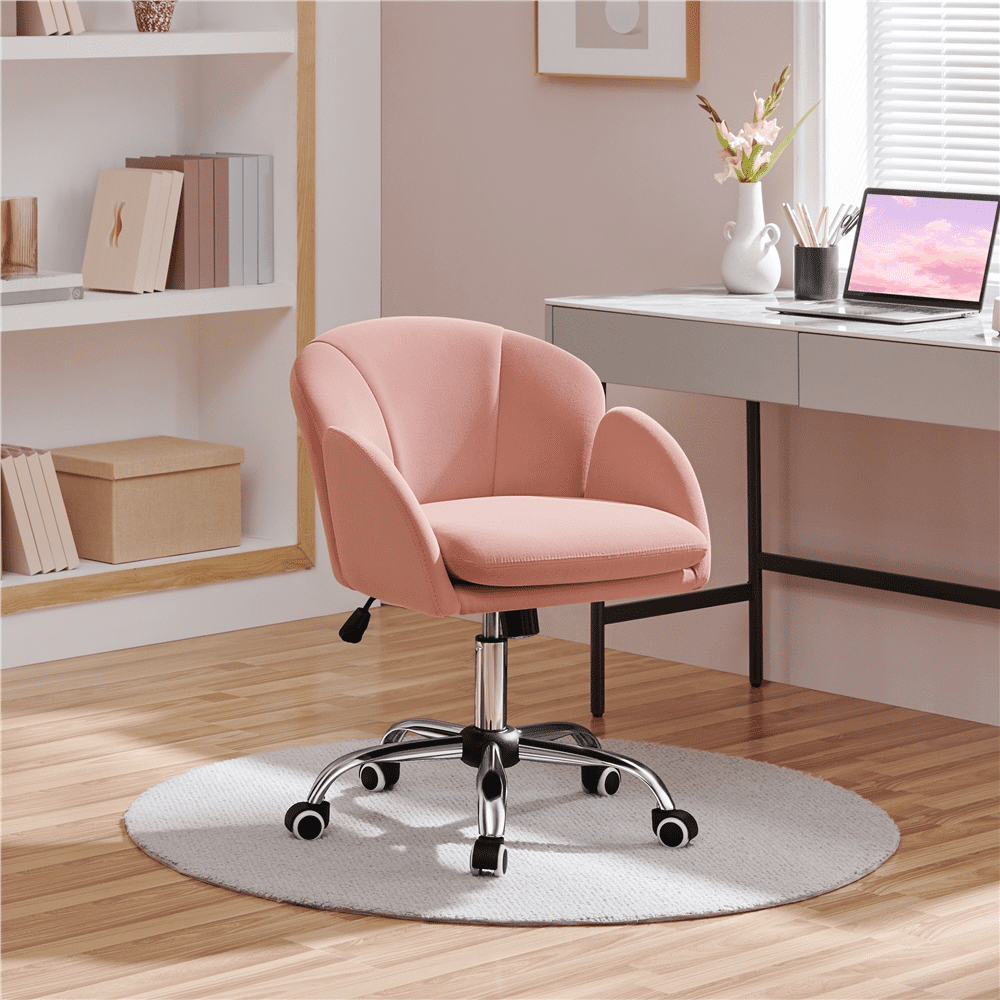 Alden Design Modern Velvet Rolling Desk Chair for Home Office, Pink