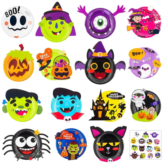 Haooryx Halloween Paper Plate Stickers Kit, 45 Pack DIY Crafts for Party Decor