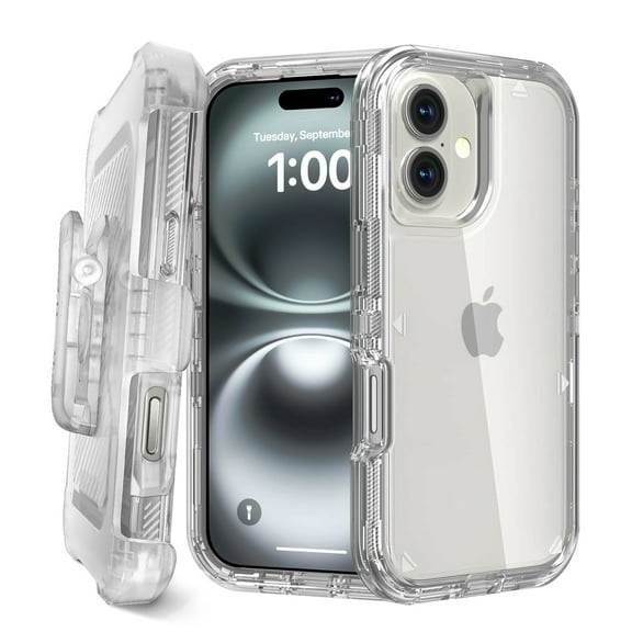 For Apple iPhone 16 Plus Transparent Dual Layer Heavy Duty Armor Defender Hybrid Case Cover With Clip Clear