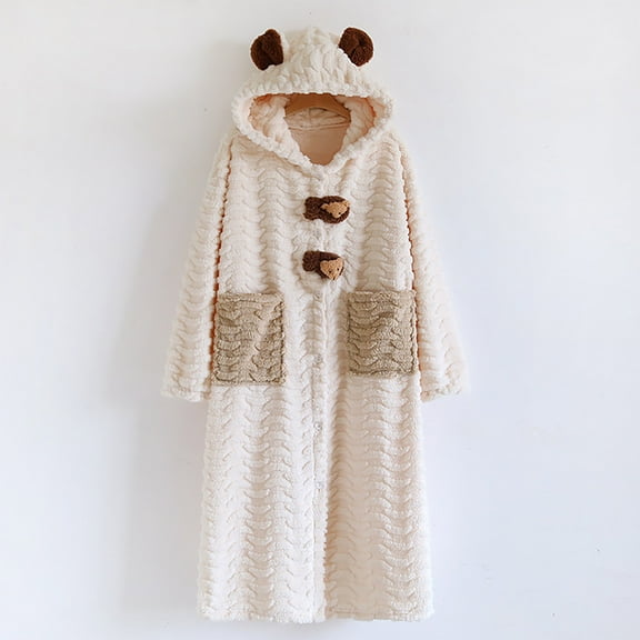 Fanxing Womens Fuzzy Soft Robes with Cute Ear Hood Textured Plush Fluffy Bathrobes Fleece Warm House Coat Cozy Gift Beige L