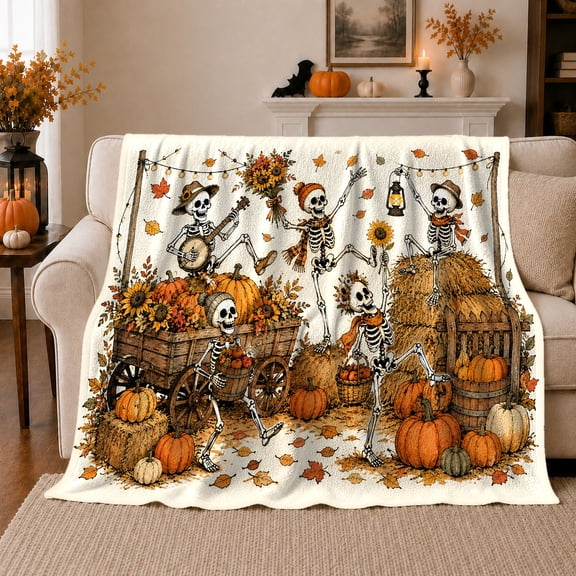 Whimsical Dancing ornate motif Harvest Festival, Festive autumn celebration Scene, Warm Flannel Blanket for Living Room and Family Room, Art Lovers autumn celebration Gift, Festive Home Decor
