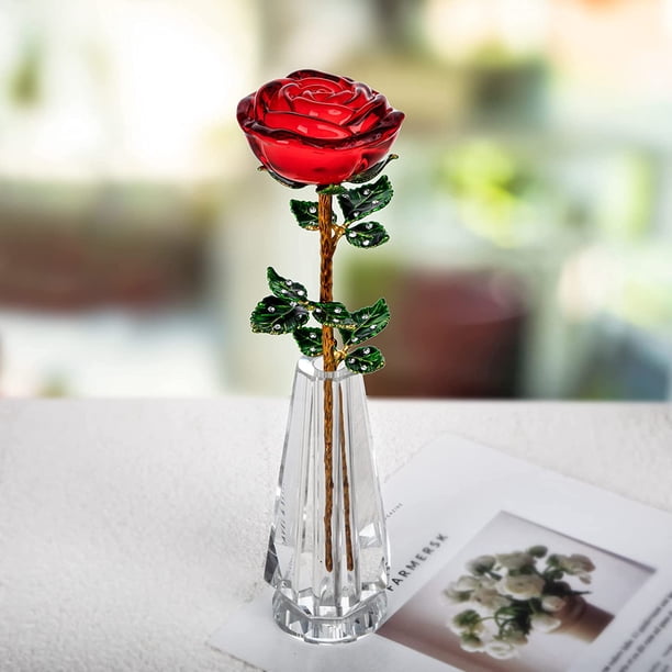 Flor de rosa roja de cristal con hojas verdes, jarrón de cristal para aniversario de boda/esposa, regalos románticos para siempre para el día de San Valentín/cumpleaños/boda Sincero Electrónica