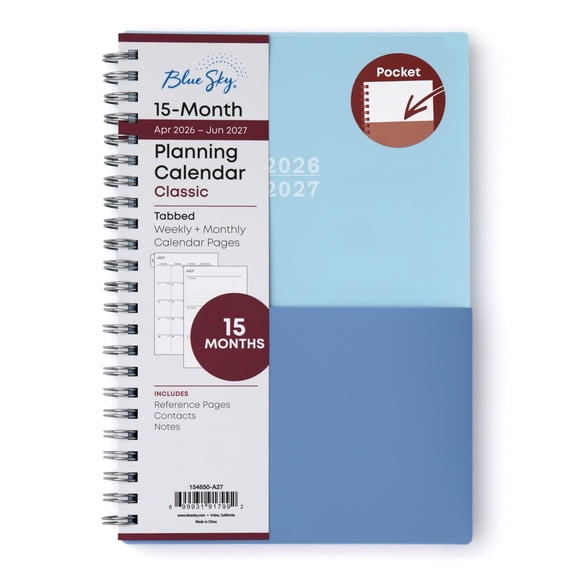 Blue Sky 2026-2027 Weekly and Monthly Academic Year 15 Month Planner Calendar, April 2026 - June 2027, 5" x 8", Flexible Cover With Pockets, Wirebound, Storage Pocket, Blues