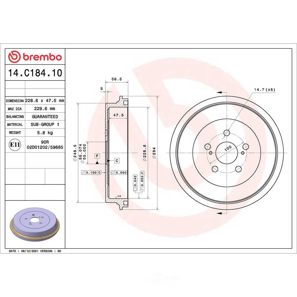 Rear Left or Right 228.6mm 5 Lugs Brake Drum Brembo for Toyota Corolla 09-17 Fits select: 2011-2013 TOYOTA COROLLA BASE/S/LE, 2014-2016 TOYOTA COROLLA L/LE/LE PLUS/PREMIUM/S/S PLUS/PREMIUM