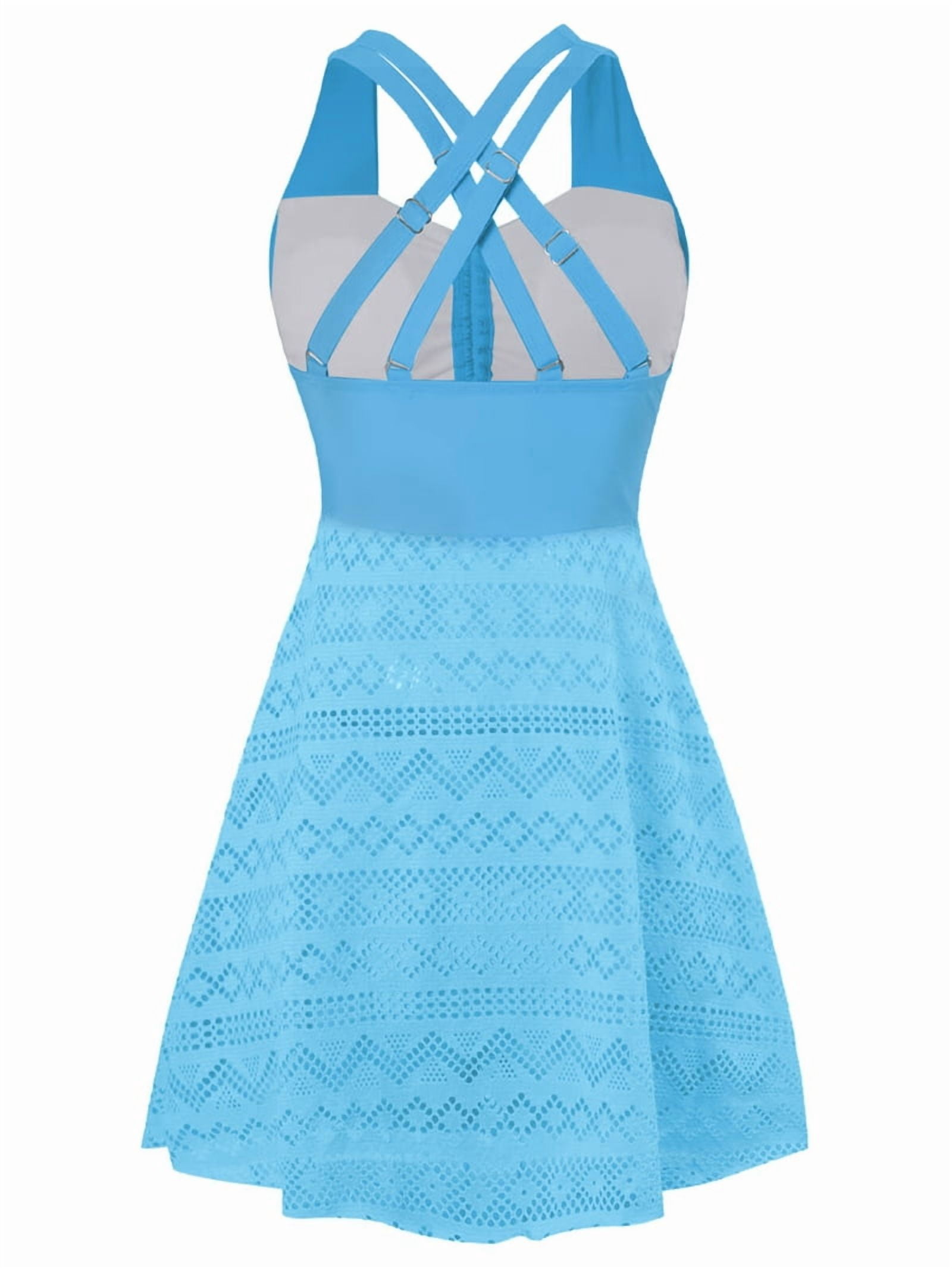 Womens Plus Size High Waist Skirted Swimsuit Tummy Control Lace Mesh Top and Swim Bottoms Light Blue 4XL